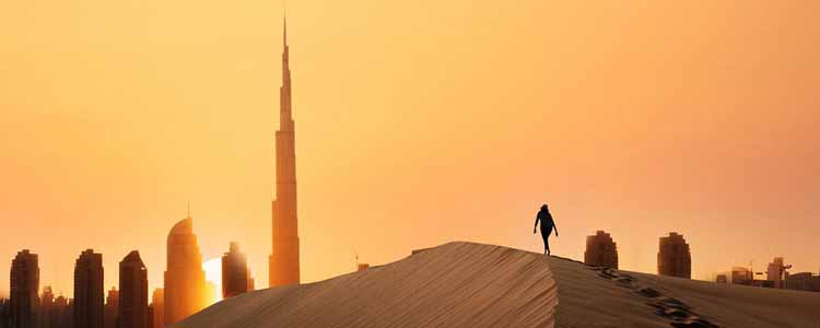 Burj Khalifa and other City Buildings front of Dubai Desert, Tourist Walking